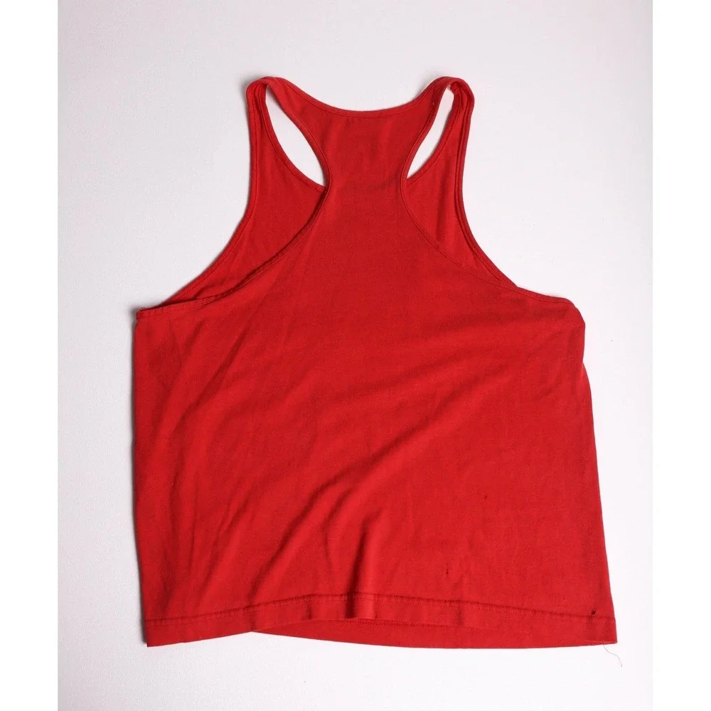 Vintage 70s Muscle Beach Club Tank Top Red Graphic Stringer Racerback Mens Large